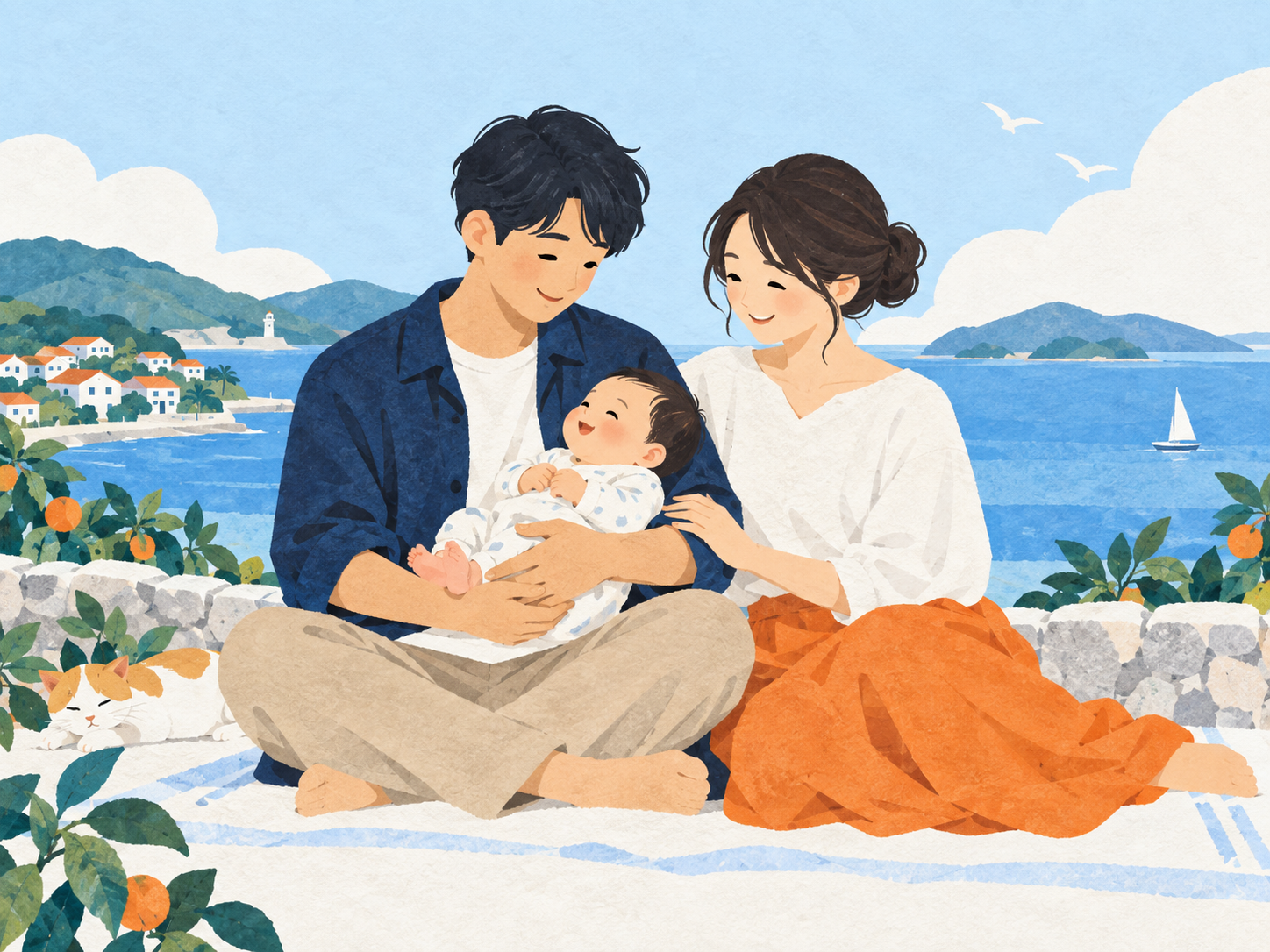 海辺の暮らしの中で、赤ちゃんを囲んで寄り添うふたり